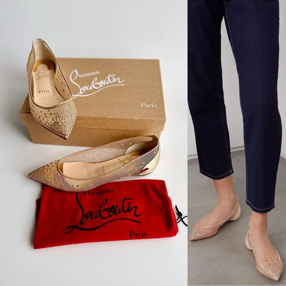 CHRISTIAN LOUBOUTIN Follies Strass Gold Crystal Pointed Toe Ballerina Flats 38 - Picture 2 of 16